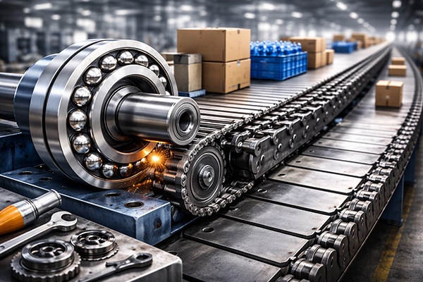 Conveyor-Systems Industrial conveyor system with self-aligning ball bearings compensating shaft deflection