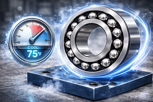 Lower-Operating-Temperature Close-up of self-aligning ball bearing running at lower operating temperature due to low friction
